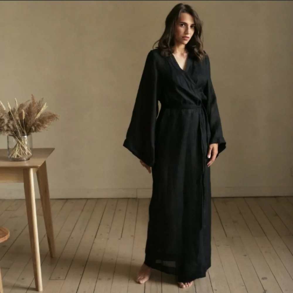 NWOT Maxi Black Natural Organic Raw Linen Gauze Robe Dress XL XXL 16 18 20